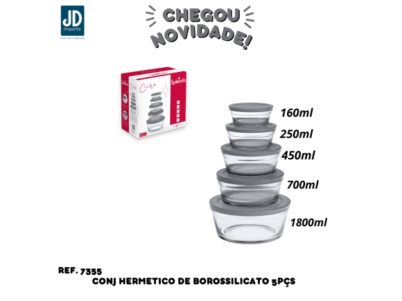 CONJ HERMETICO DE BOROSSILICATO 5 PÇS 160ML 250ML 450ML 700ML 1800ML CINZA CAIRO 7355