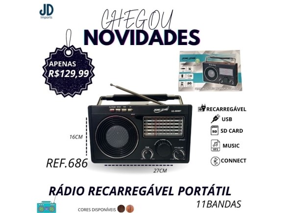 Rádio Recarregável Portátil USB