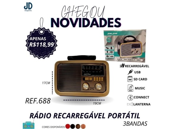 RADIO RETRO PORTATIL 3 BANDAS ENTRADA CARTAO MEMORIA E USB SS-3188UBT