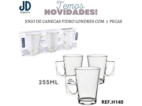 JOGO DE CANECAS VIDRO LONDRES COM  3  PECAS  255ML  H140