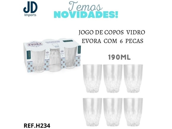 JOGO DE COPOS  VIDRO EVORA  COM  6  PECAS  190ML  H234